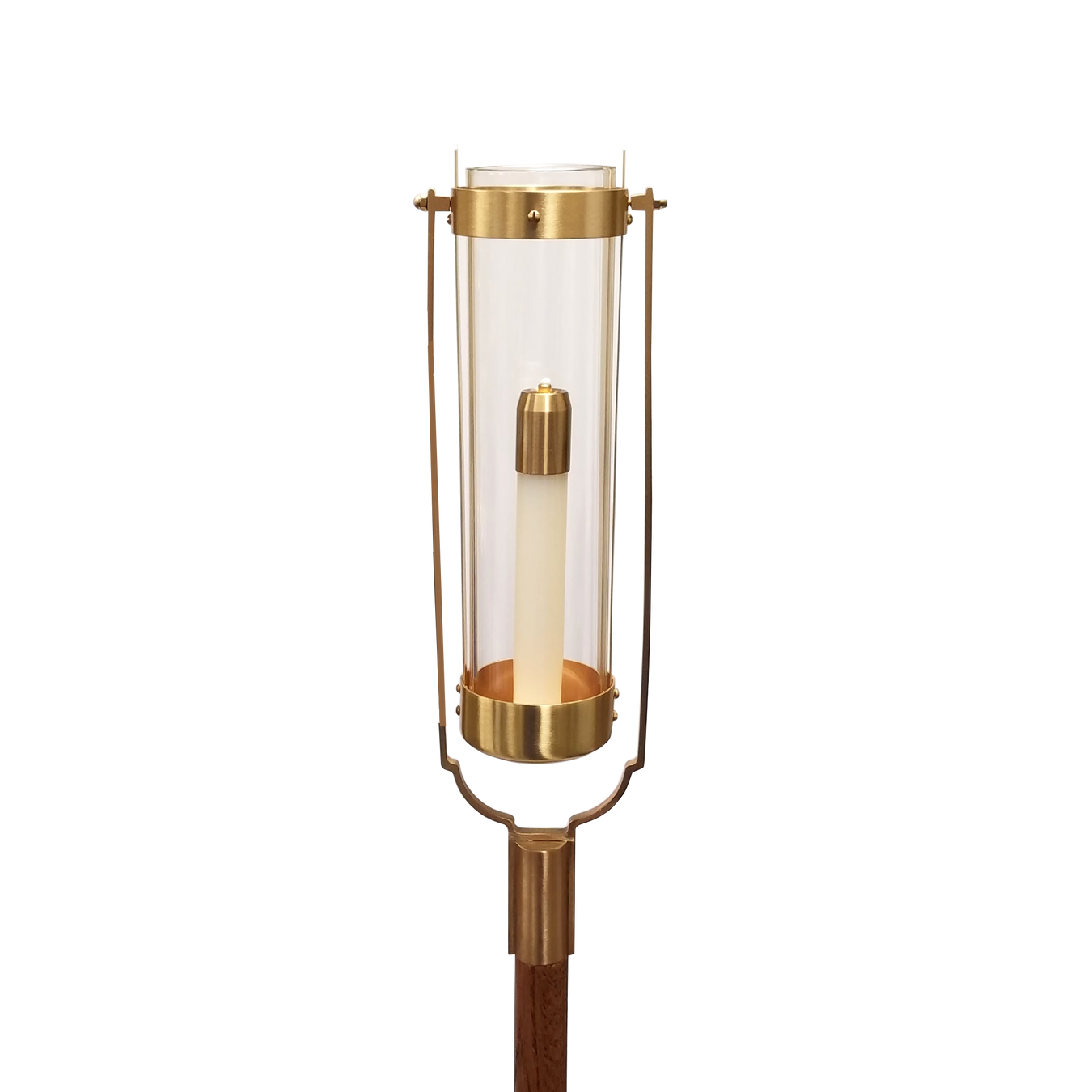 Brass processional torch with glass cylinder and candle on wooden pole