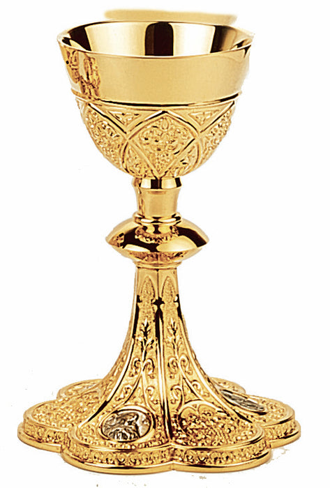 Gothic Chalice & Scale Paten With Sacred Heart, St. Mary, St. Joseph & Baby Jesus