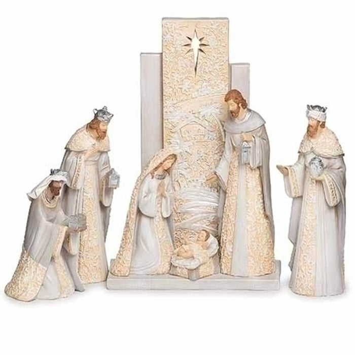 7pc Nativity Set with 13"H Back Drop Scene, Ivory and Grey