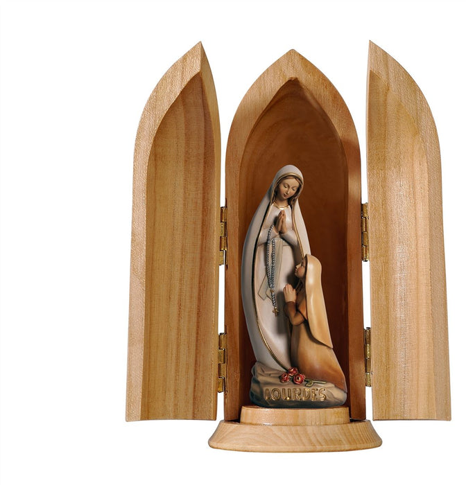 Our Lady Of Lourdes And Bernadette Modern Style In Niche Wood Carve Statue