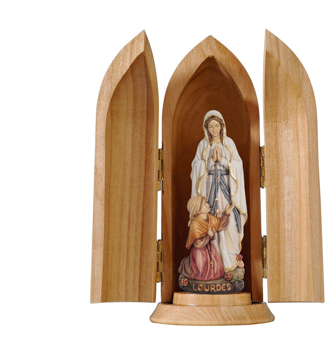 Our Lady Of Lourdes And Bernadette In Niche Wood Carve Statue