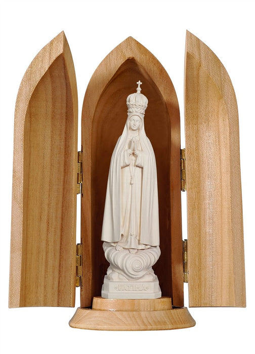 Our Lady Of Fatima Capelinha With Crown In Niche Wood Carve Statue