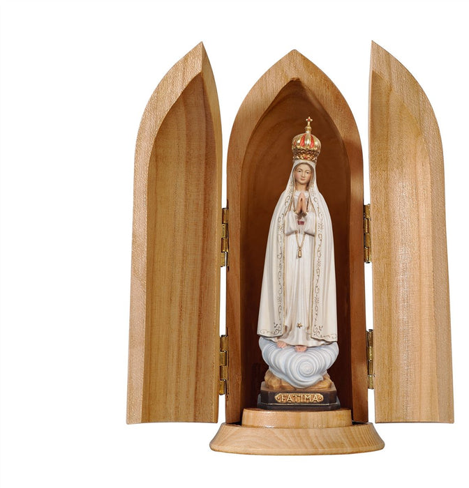 Our Lady Of Fatima Capelinha With Crown In Niche Wood Carve Statue