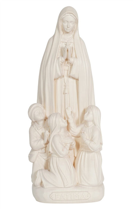 Our Lady Of Fatima With Little Shepherds Wood Carve Statue On Plinth