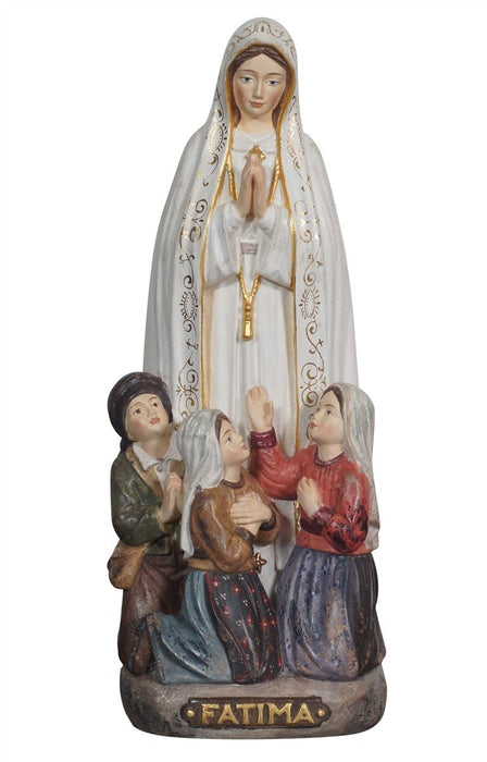 Our Lady Of Fatima With Little Shepherds Wood Carve Statue On Plinth