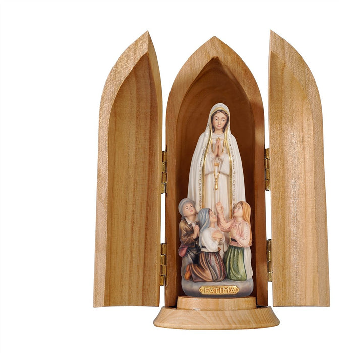 Madonna Fatima With Little Shepherds In Plinth and Niche Wood Carve Statue