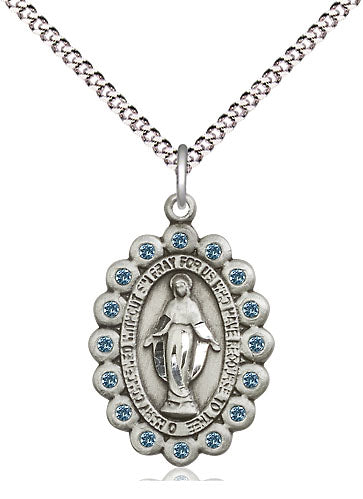 Sterling Silver Miraculous Medal With Aqua Stones