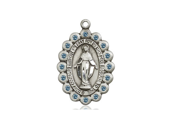 Sterling Silver Miraculous Medal With Aqua Stones