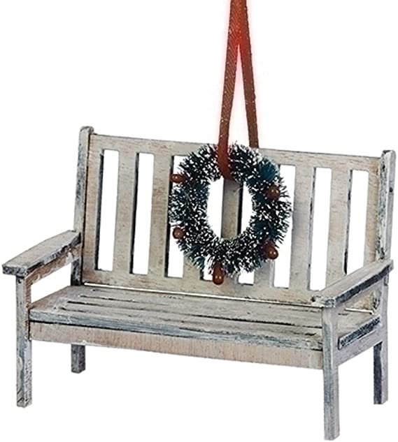 Christmas Bench with Wreath Hanging Ornament, 4 Inch