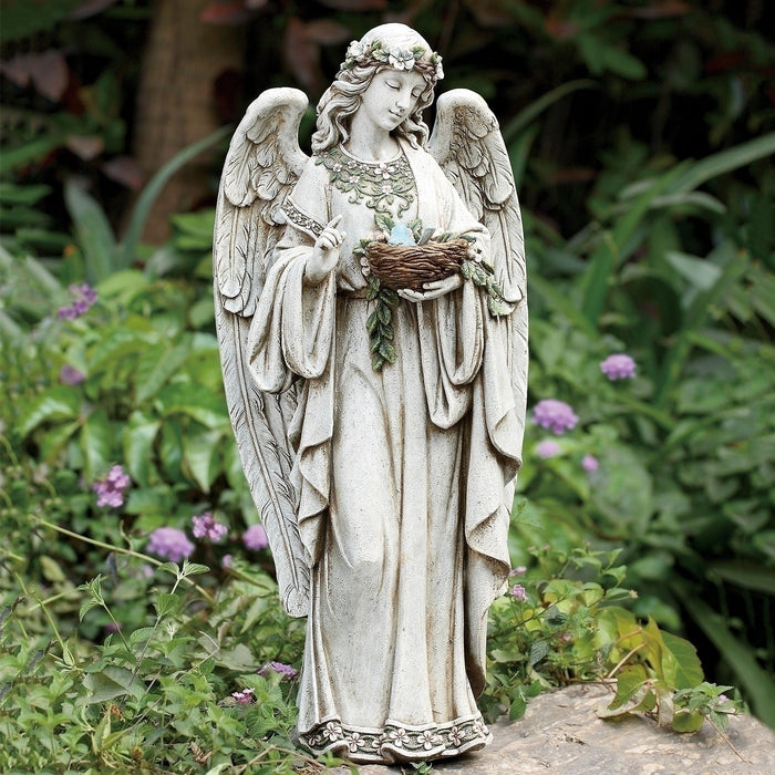 Standing Outdoor Angel With Bird Nest Statue 24" High