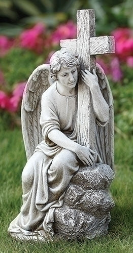 Seated male Angel with cross garden statue