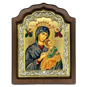 Virgin of Perpetual Help Arched Engraved Silver, Gold and Wood Icon