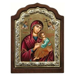 Virgin of Passion Arched Engraved Silver, Gold and Wood Icon