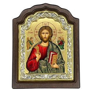Jesus Christ Pantocrator Arched Engraved Silver, Gold and Wood Icon