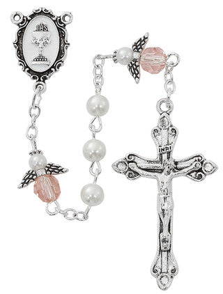 5MM WHITE PEARL AND PINK ANGEL ROSARY