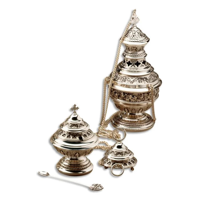 Copper Gothic Filigree Censer, Boat and Spoon
