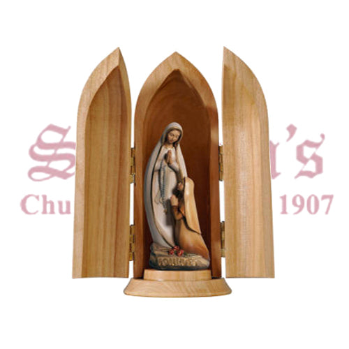 Our Lady Of Lourdes And Bernadette Modern Style In Niche Wood Carve Statue