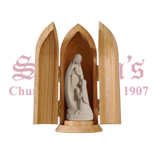 Our Lady Of Lourdes And Bernadette Modern Style In Niche Wood Carve Statue