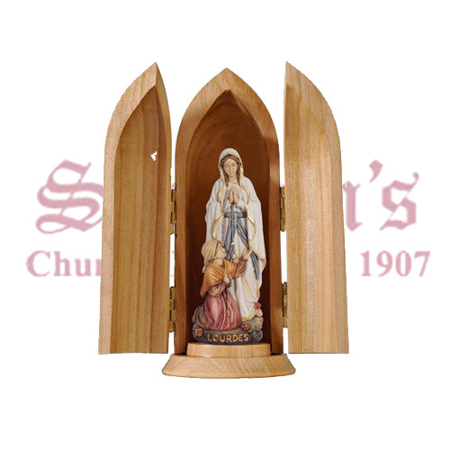 Our Lady Of Lourdes And Bernadette In Niche Wood Carve Statue