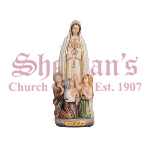 Our Lady Of Fatima With Little Shepherds Wood Carve Statue On Plinth