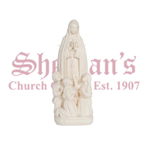 Our Lady Of Fatima With Little Shepherds Wood Carve Statue On Plinth