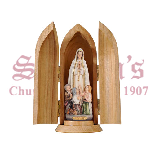 Madonna Fatima With Little Shepherds In Plinth and Niche Wood Carve Statue