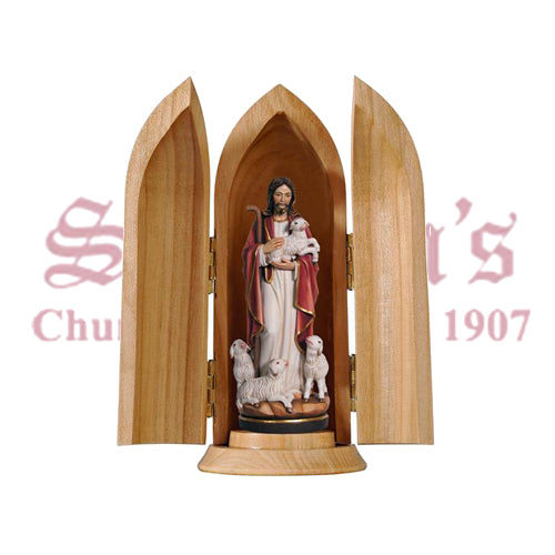 Jesus The Good Shepherd In Niche Wood Carve Statue