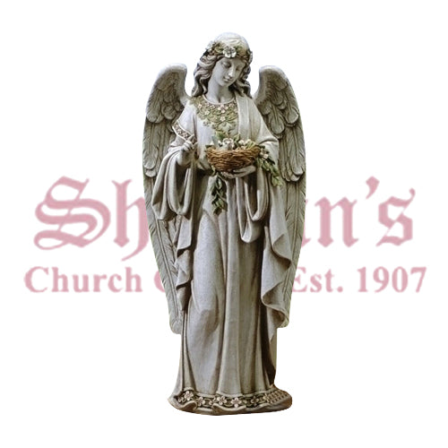 Standing Outdoor Angel With Bird Nest Statue 24" High