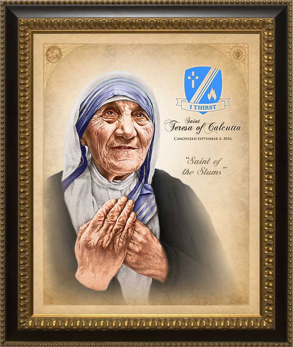 St. Teresa of Calcutta Canvas Commemorative Portrait: Ornate Black and Gold Frame