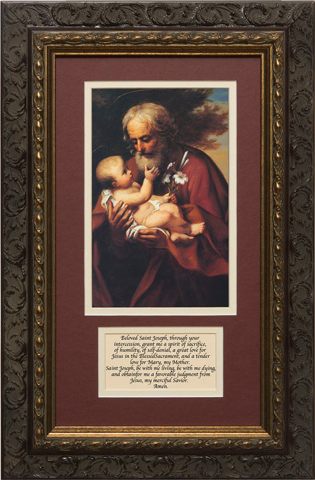St. Joseph (Older) Matted with Prayer - Ornate Dark Framed Art