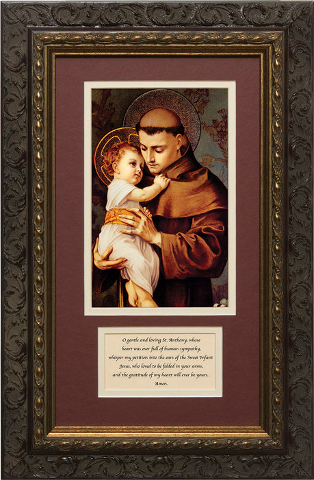 St. Anthony with Jesus Matted with Prayer - Ornate Dark Framed Art