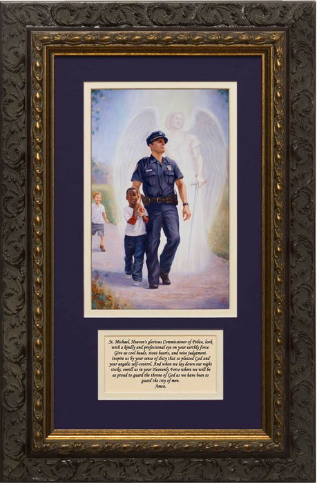 The Protector: Police Guardian Angel Matted with St. Michael Prayer - Ornate Dark Framed Art