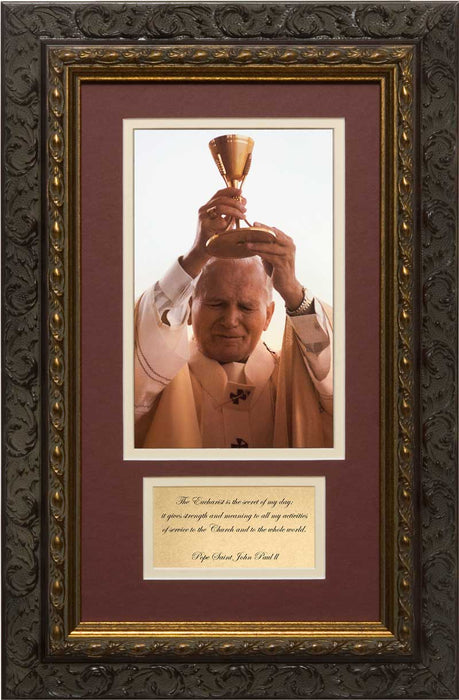 St. John Paul II Raising Chalice Matted with Prayer - Ornate Dark Framed Art